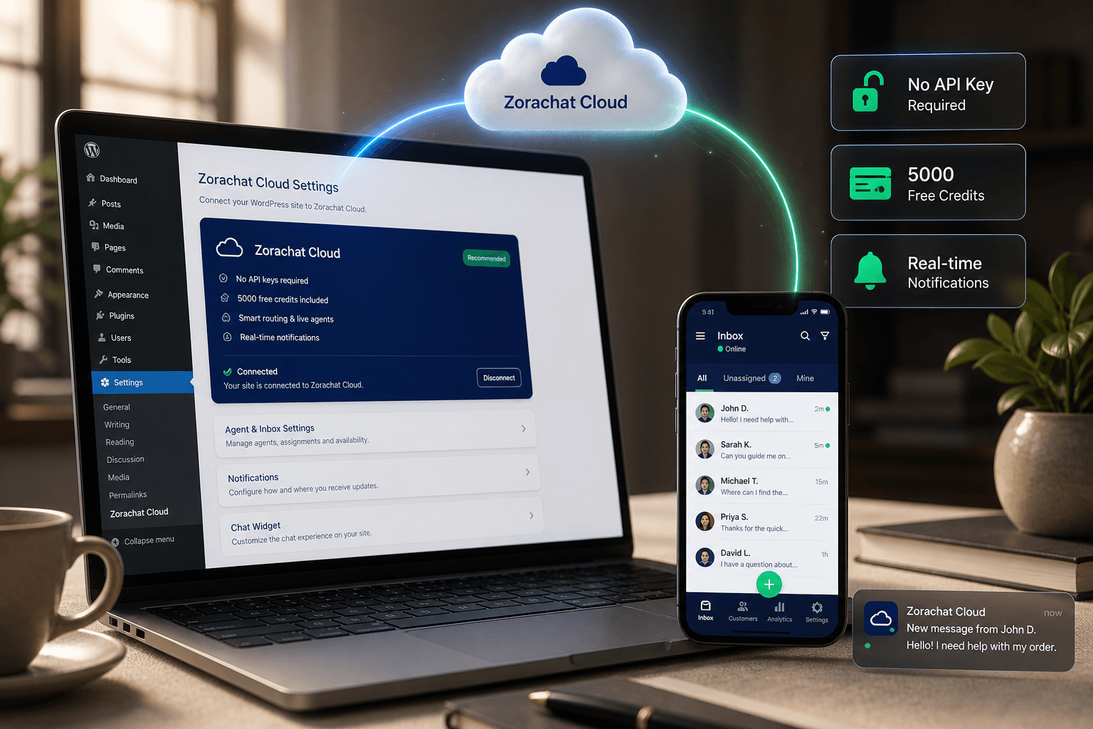 Connecting a WordPress site to Zorachat Cloud — no API key, instant credits, and Live Agent on mobile